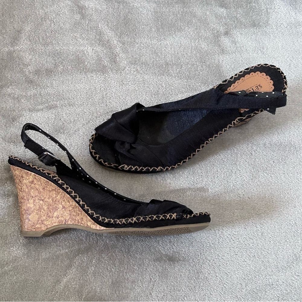 SEYCHELLES Women’s Sling Back Wedges 7.5 Black Pin Up Rockabilly Party Summer